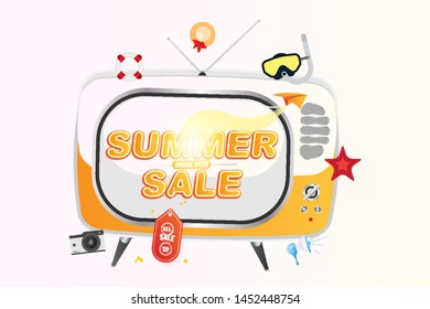 Banner Summer Sale 50% offer. Font inscription with accessories, paper airplane and TV screen. Flat Vector Illustration EPS10