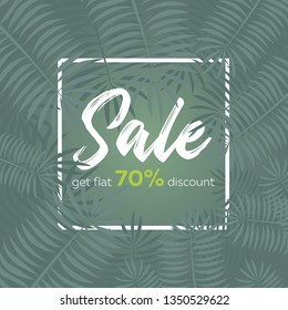 Banner summer sale 70% discount of tropical leaves, in shades of green, poster, palm leaves, tropic square die. Vector illustration