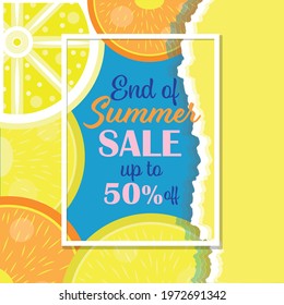 Banner Summer Sale. Background with the effect of torn paper in blue and yellow colors. With lemon and orange slices 