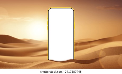 Banner for summer sale concept. Banner with smartphone on desert sand with empty horizon. Vector 3d ad illustration for promotion of summer goods and products. Phone mockup. Realistic desert landscape