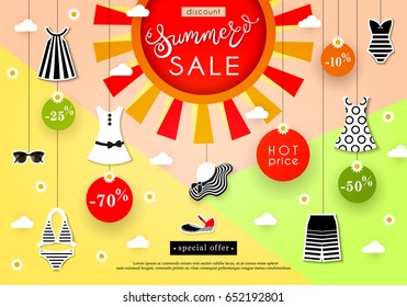 Banner Summer Sale Discounts, Hot Price, Special Offer Advertising Of Shop And Boutique Of Fashionable Seasonal Clothes, Footwear And Accessories Vector Illustration