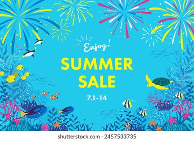 Banner for summer sale. Flat design of underwater fish, penguins and fireworks.