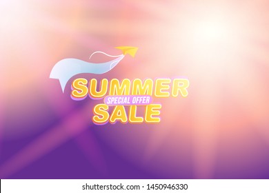Banner Summer Sale. Font inscription with paper airplane. Flat Vector Illustration EPS10