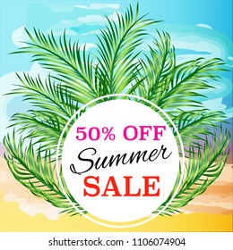 Banner summer sale with green tropical palm leaves, frame with leaves. Vector illustration