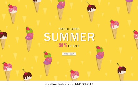 Banner summer sale. Ice cream with chocolate, fruit, nuts, pistachios, strawberries, cherries. Illustration in cartoon style for advertising, flyer, poster.Vector