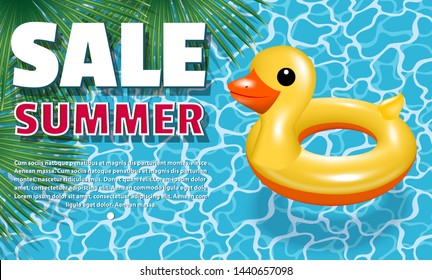 Banner Summer Sale. Inflatable circle - Yellow duckling, a toy for swimming and child safety. Against the background of water in the pool and exotic palm leaves. Realistic vector