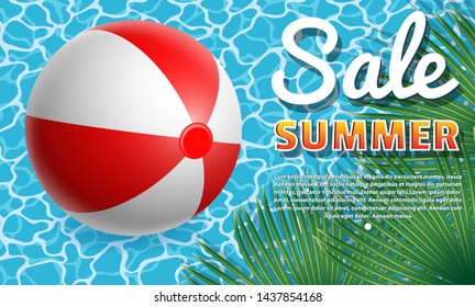 Banner summer sale. Inflatable colored rubber balls. Against the background of water in the pool and exotic palm leaves. Advertising, you can insert your text. Realistic style. Vector illustration