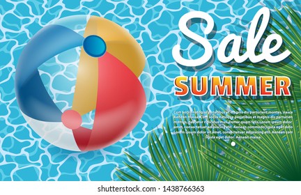 Banner summer sale. Inflatable colored rubber balls. Against the background of water in the pool and exotic palm leaves. Advertising, you can insert your text. Realistic style. Vector illustration