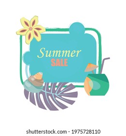 Banner Summer Sale. Retro style frame with monstera leaves, jasmine, seashell and exotic drink 2