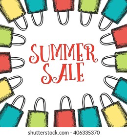 Banner with SUMMER SALE sign decorated with colorful shopping bags. Vector illustration. 
hand drawn shopping bags for advertising for the shop. 