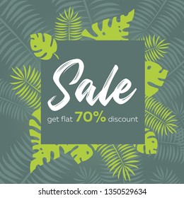 Banner summer sale of tropical leaves in shades of green, poster, palm leaves, tropic square die. Vector illustration