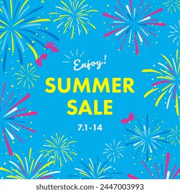 Banner for summer sale. Vector illustration of fireworks and goldfish.