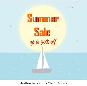 Banner for summer sales with the inscription - "Summer Sale. Up to 50% off" against the background of a seascape with a sailboat