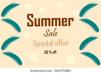 Banner for summer sales with palm leaves and the inscription - Summer sale. Special offer. 50% off