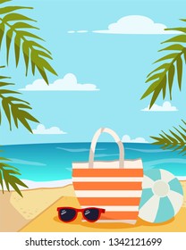 The banner of summer with the sea and ocean with among palm tree in flat vector style. Illustration about summer for background, graphic,content , banner, sticker label and greeting card.