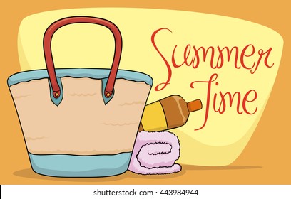 Banner with summer season elements: sunscreen lotion, soft towel and beach bag ready to being used in vacation time.