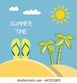 Banner summer time with a picture of a beach slap, flip flops and a place for a label. Illustration of a beach holiday