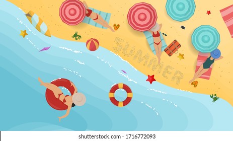 banner summer vacation on the beach, girls in swimsuits, lie sunbathing under an umbrella and in the water on an inflatable circle, on the beach, for design design, flat vector illustration