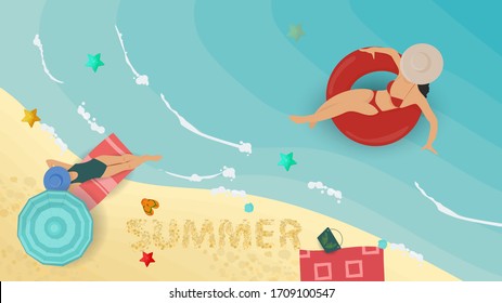 banner summer vacation on the sea beach, two girls in swimsuits lying under an umbrella and in the water on an inflatable circle in hats, on the beach of the ocean, for design design, flat  illustrati