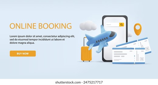 Anuncio de verano de vacaciones de avión. Teléfono móvil 3D con boleto para avión de vuelo, maleta. Ilustración vectorial de reservas en línea.