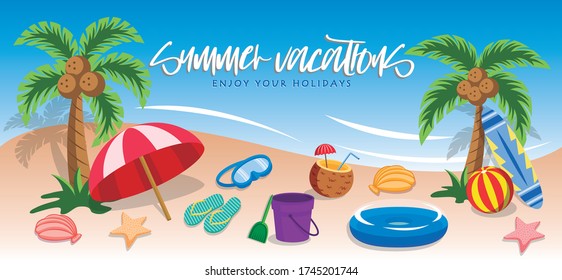 Banner of summer vacations on beach  with sea view and accesories for beach