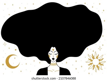 Banner With Sun, Moon And Mystical Woman With Black Hair, Space For Text, Background For Tarot, Astrology, Horoscope. Mystical Vector Illustration Isolated On White Background.