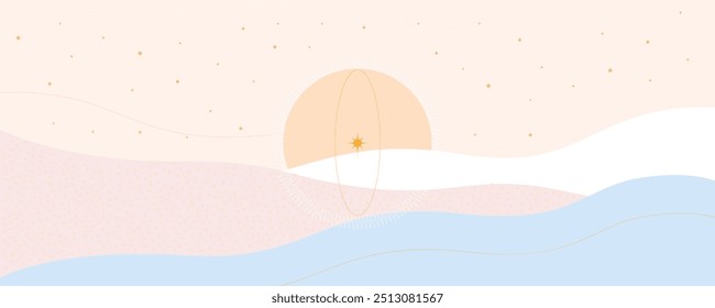 Banner com o pôr do sol atrás das dunas. Paisagem horizontal com formas brilhantes.