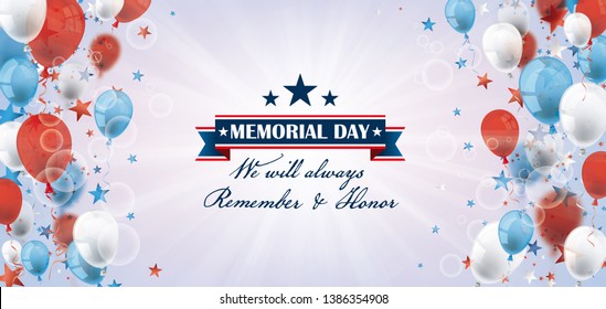 Banner with sunbeam, balloons and stars for Memorial Day. Eps 10 vector file.
