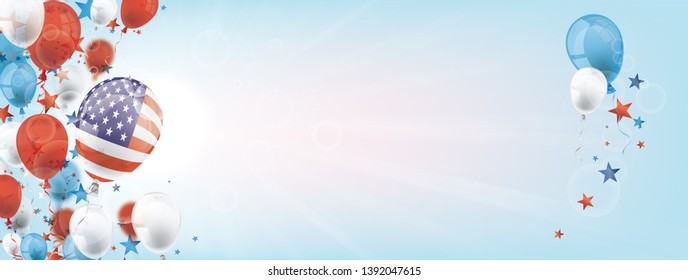 Banner with sunbeam, balloons and stars in US national colors. Eps 10 vector file.