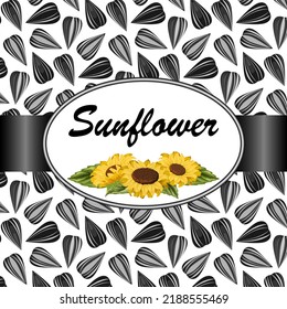 Cartel con girasoles y texto.Ilustración vectorial con un cartel y fondo de semillas de girasol sobre un fondo transparente.
