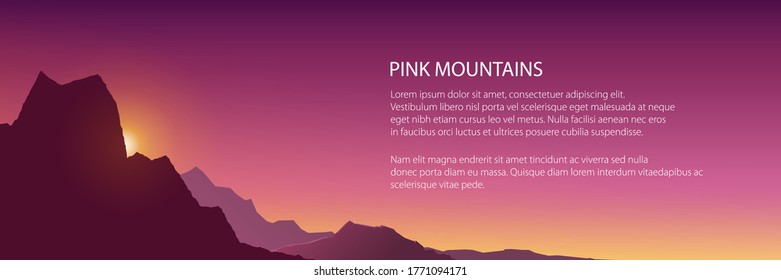 Banner at sunrise in the mountains in shades of pink, dim light at sunset in the mountains,vector illustration