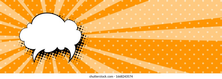 Pancarta con rayos y puntos de sol, burbuja de voz sobre fondo retro de arte pop naranja, ilustración vectorial