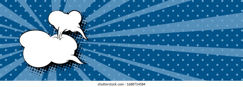 Banner with sun's rays and dots , speech bubble on a dark blue pop art retro background, vector illustration