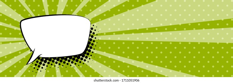 Pancarta con rayos y puntos de sol, burbuja de voz sobre fondo retro de arte pop verde, ilustración vectorial