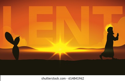 Banner with sunset scene for Lent pilgrimage and penance of Christ across the desert for 40 days.