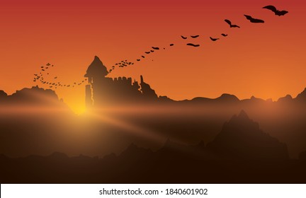Banner with sunset view over ancient castle with a swarm of bats coming from it.