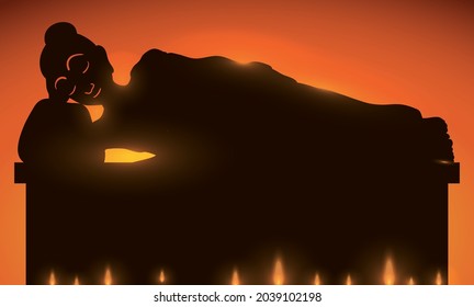 Banner with sunset view and silhouette of reclining Buddha and candles.