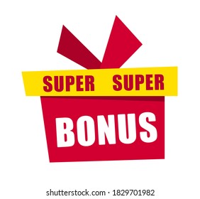 Banner Super-Bonus! Red Geschenkbox Super Bonus. Angebot für Werbehintergrund. Rotes Bonuszeichen. Vektorbanner im modernen Flachstil auf Weiß.