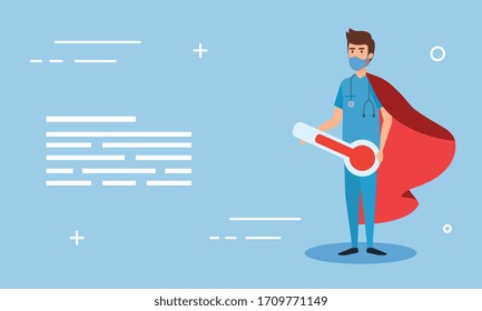 banner of super male paramedic with hero cloak and thermometer vector illustration design