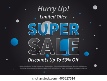 Banner Super Sale horizontal vector illustration on black background. Poster Super Sale creative concept for websites, retail stores, advertising. Flyer layout Super Sale A4 size, ready to print.