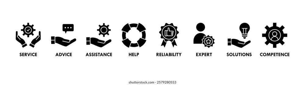 Banner of support web vector illustration concept with icons of service, advice, assistance, help, reliability, expert, solutions, competence