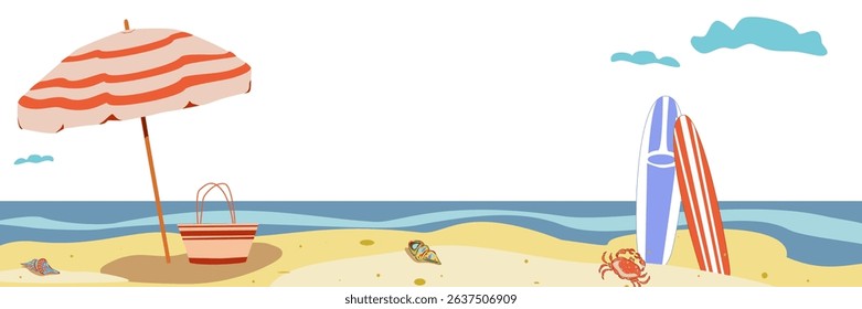 Banner with surfboards, bag, crab, beach umbrella, sand, blue sea, seashells, clouds. Vector art. Sea elements for greeting cards, decoration, magazines, banners, menu, patterns and designs