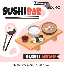 Banner with sushi. Advertising for sushi bar. Asian cuisine cafe or restaurant with rolls and rice. Marketing and promotion of catering. Flyer and booklet. Cartoon flat vector illustration