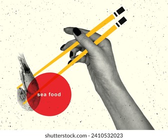 Banner for sushi bar, Japanese cuisine restaurant in retro collage style. Japanese chopsticks in the hand hold a shrimp with a halftone effect.