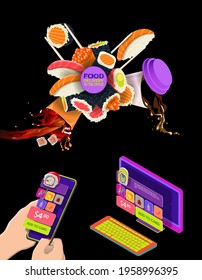 Banner for a sushi restaurant website with a delivery order. Vector banner