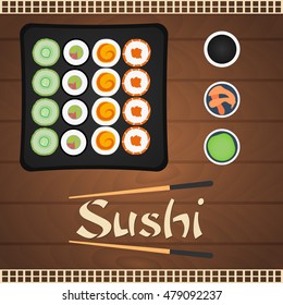 Banner. Sushi rolls set, sushi time. Chopsticks holding sushi roll, sushi restaurant, flat style trend modern. Sushi day