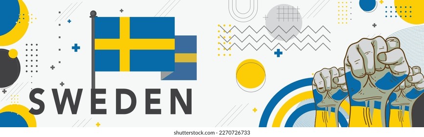 Banner Schweden Nationalfeiertag mit geometrischen Retro-Icons und schwedischen Flaggen-Karte Farbschema. Wahrzeichen wie Kirche, Rathaus Stockholm im Hintergrund. 6. Juni-Feier. Blau Gelb. Vektorgrafik