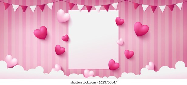 banner of sweet pink background consist two tone of realist heart shapes located beside paper in middle and paper craft stuffs are bunting and clouds