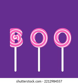 Banner with sweets BOO on sticks. Cool Halloween design. Creative vector illustration