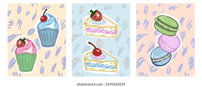 Banner with sweets: cake, macaroons, and cupcakes. Hand draw, vector pattern with texture, interesting colors and background.